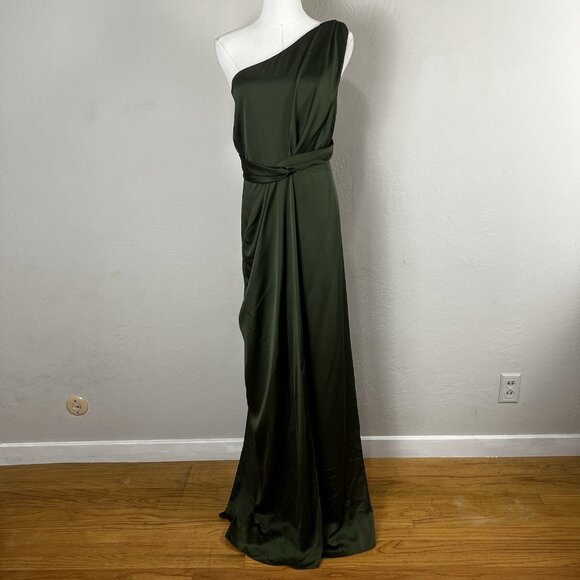 Dessy Collection Size 22 W Whisper Satin One Shoulder Drape Gown Olive Green NWT - Picture 1 of 10